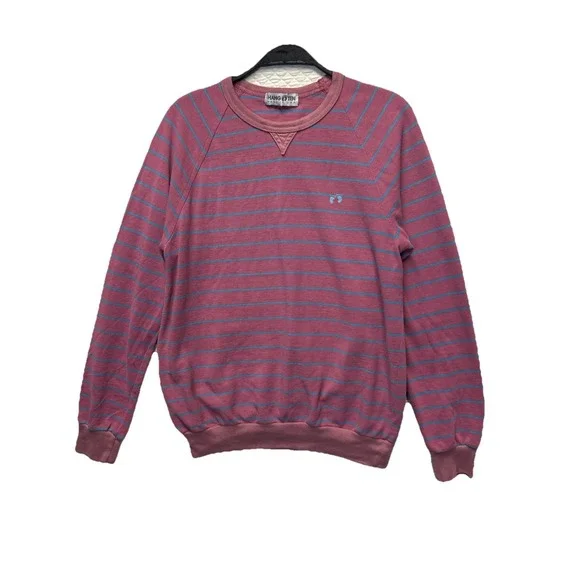 Vintage Hang Ten Foot Print Knit Crew Neck Sweater Striped Pink Powder Blue - Picture 1 of 8